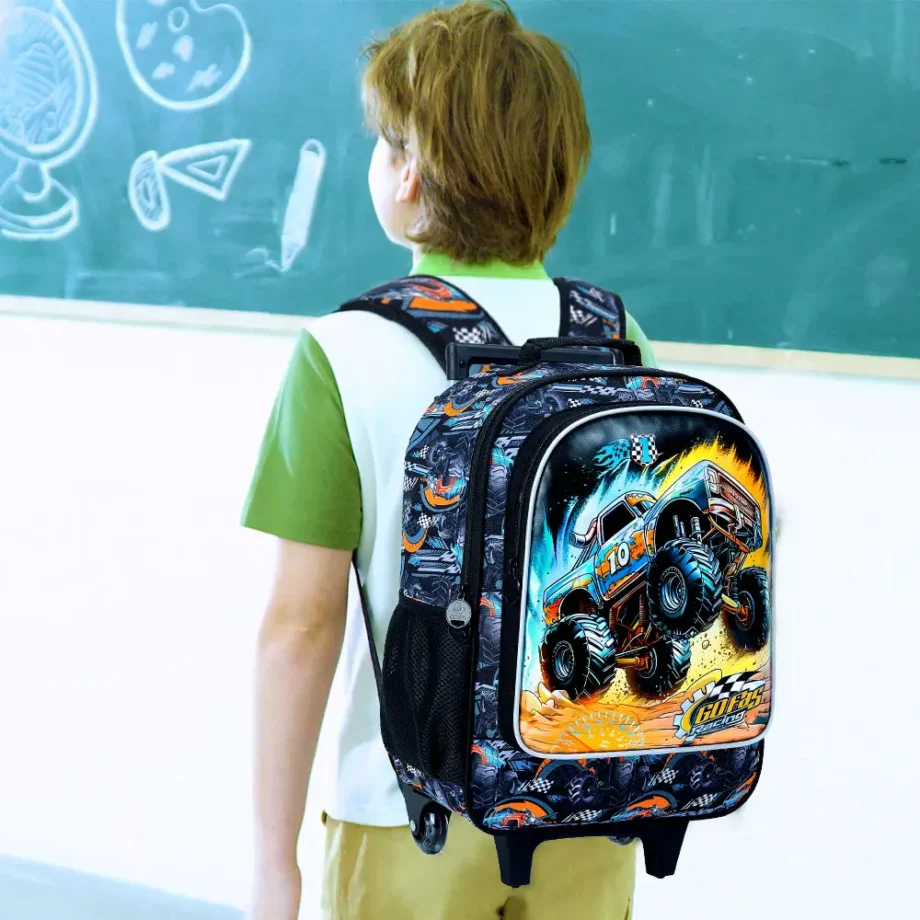 3PCS Rolling Backpack for boys, Kids Roller Wheels Bookbag, Wheeled Elementary School Bag with Lunch Bag -