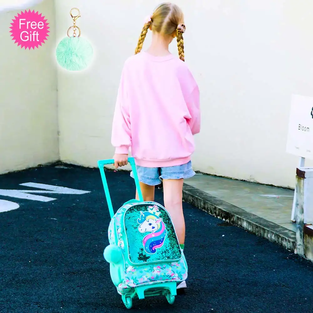 3PCS Rolling Backpack for Girls Boys, Kids Roller Wheels Bookbag, Wheeled School Bag with Lunch Bag