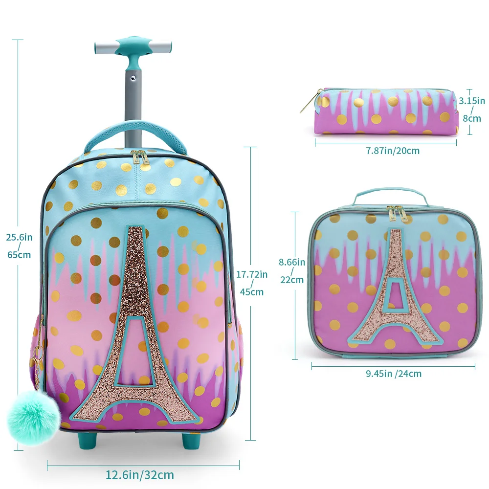 3PCS Rolling Backpack for Girls Kids Wheeled School BookBag With Lunch And Pen Bag Iron tower Pink Glow-in-the-dark Function