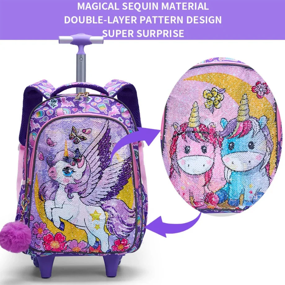 3PCS Set Rolling Backpack For Girls, Cute Cartoon Moon Unicorn Sequin Design Wheeled Bags With Lunch Box And Pen Bag-Purple