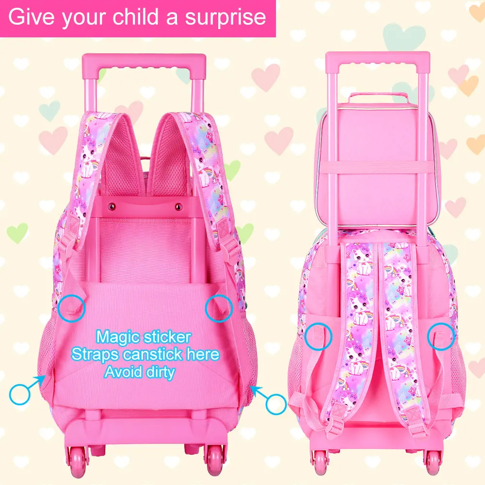 3PCS Kids Rolling Backpack, Girls Roller Wheels Bookbag, Wheeled Elementary School Bag with Lunch Bag - White Cat