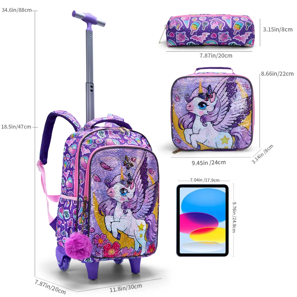 3PCS Set Rolling Backpack For Girls, Cute Cartoon Moon Unicorn Sequin Design Wheeled Bags With Lunch Box And Pen Bag-Purple