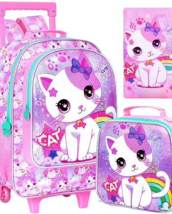 3PCS Kids Rolling Backpack, Girls Roller Wheels Bookbag, Wheeled Elementary School Bag with Lunch Bag - White Cat