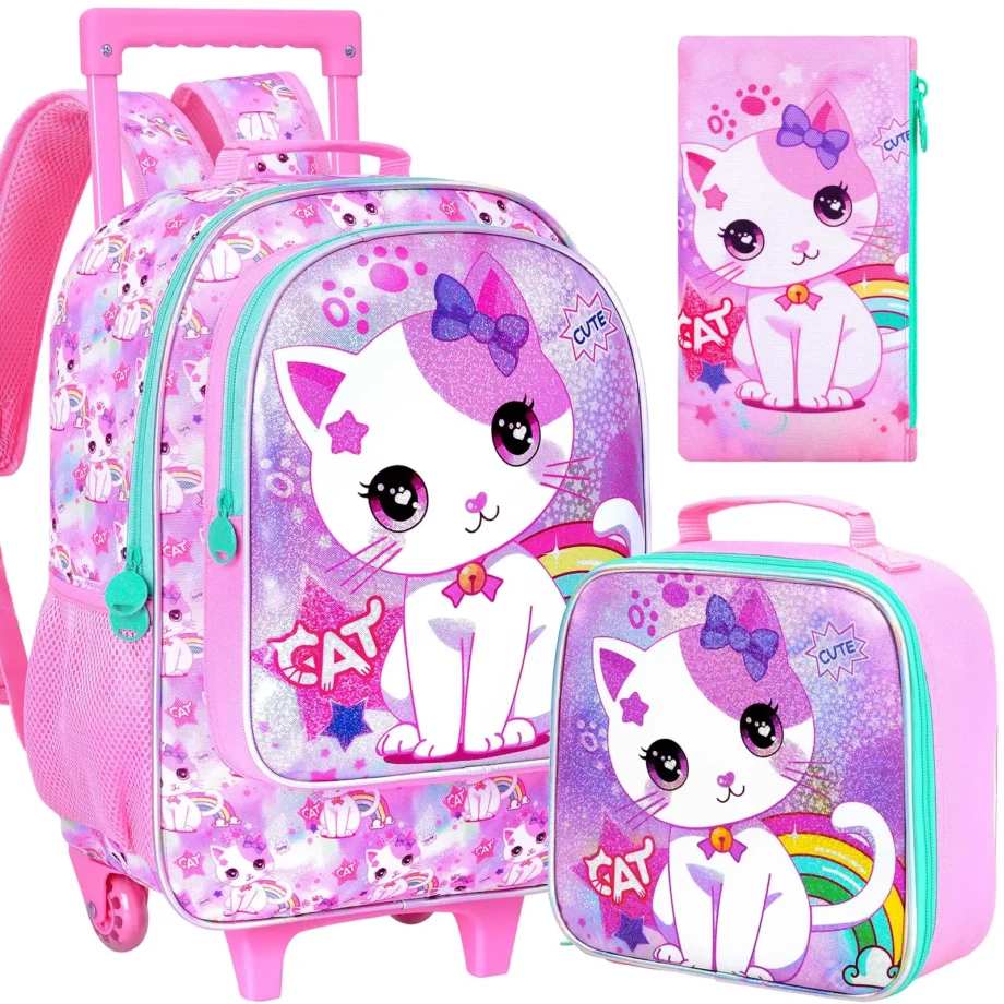 3PCS Kids Rolling Backpack, Girls Roller Wheels Bookbag, Wheeled Elementary School Bag with Lunch Bag - White Cat