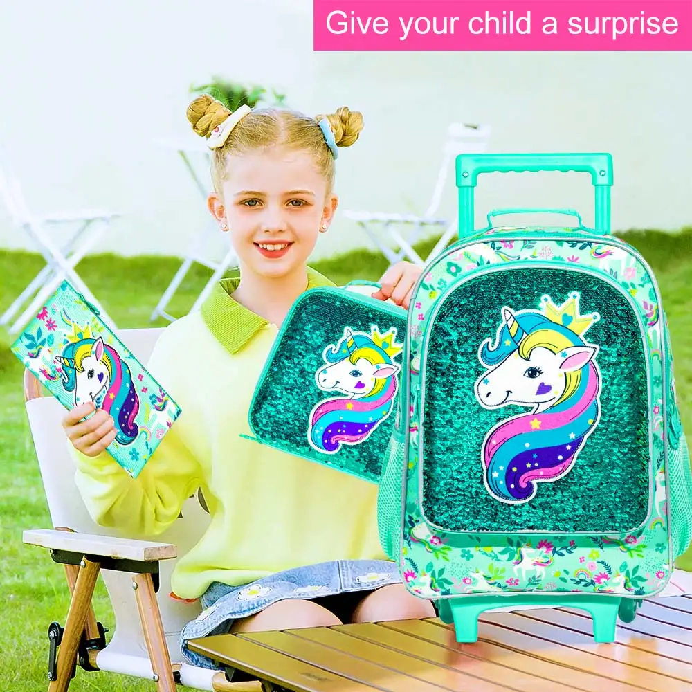 3PCS Rolling Backpack for Girls Boys, Kids Roller Wheels Bookbag, Wheeled School Bag with Lunch Bag