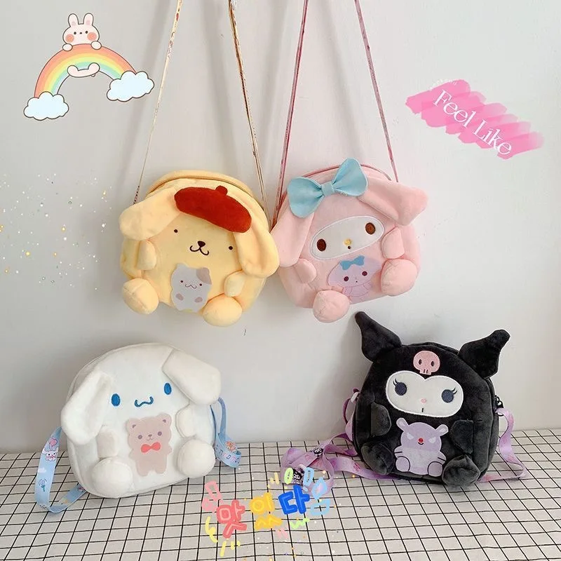 Sanrio Plush Bag Kawaii Cinnamoroll Handbag Tote Plushie Shoulder Messenger Bags Kuromi Hello Kitty Stuffed Makeup Backpack Gift