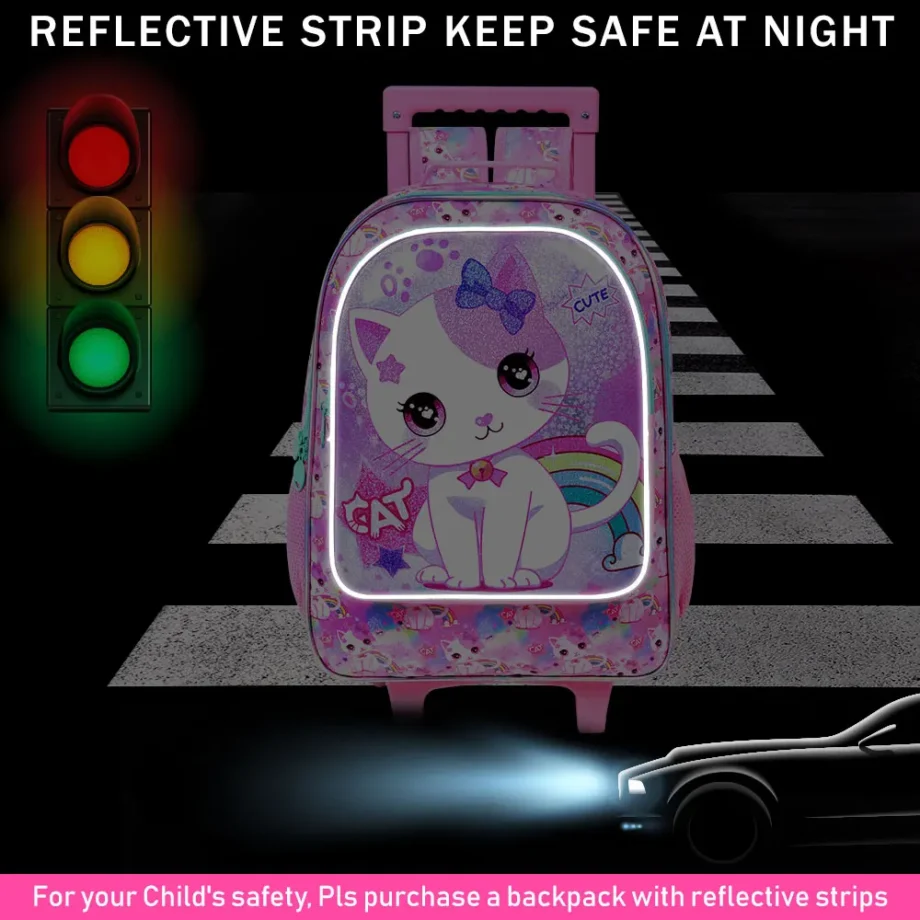 3PCS Kids Rolling Backpack, Girls Roller Wheels Bookbag, Wheeled Elementary School Bag with Lunch Bag - White Cat