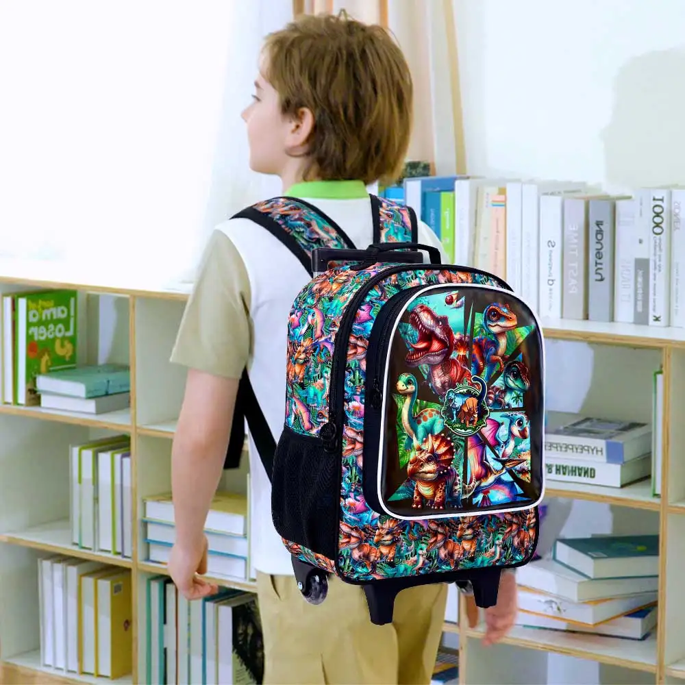 3PCS Rolling Backpack for Girls and Boys, Kids Roller Wheels Bookbag, Wheeled Elementary School Bag with Lunch Bag