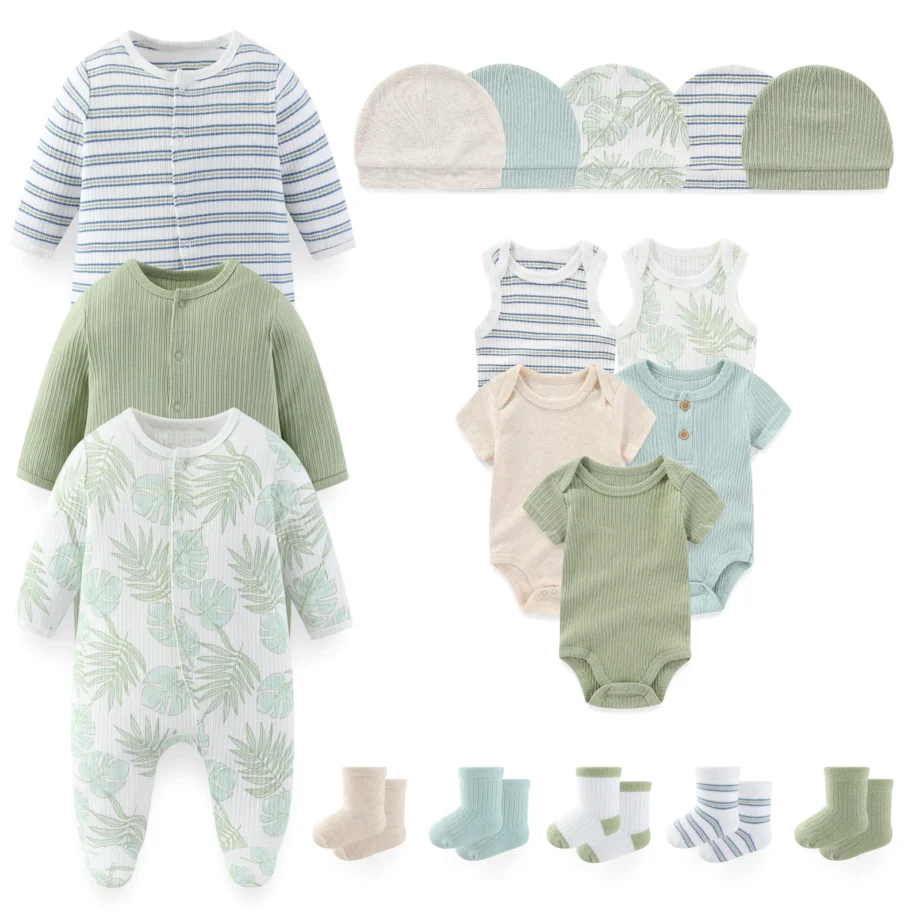 18-Piece Cute Baby Clothing Set 0-12 Months Newborn Bodysuits+Rompers+Hats+Socks Suit Four Seasons Infant Boy Girl Outfits