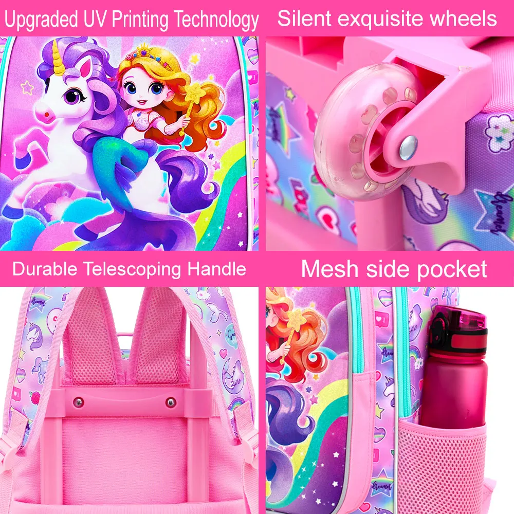 4PCS Rolling Bookbag for Girls, Cute Kids Mermaid Wheeled Backpack,Unicorn Roller School Bag with Wheels for Elementary Preschoo