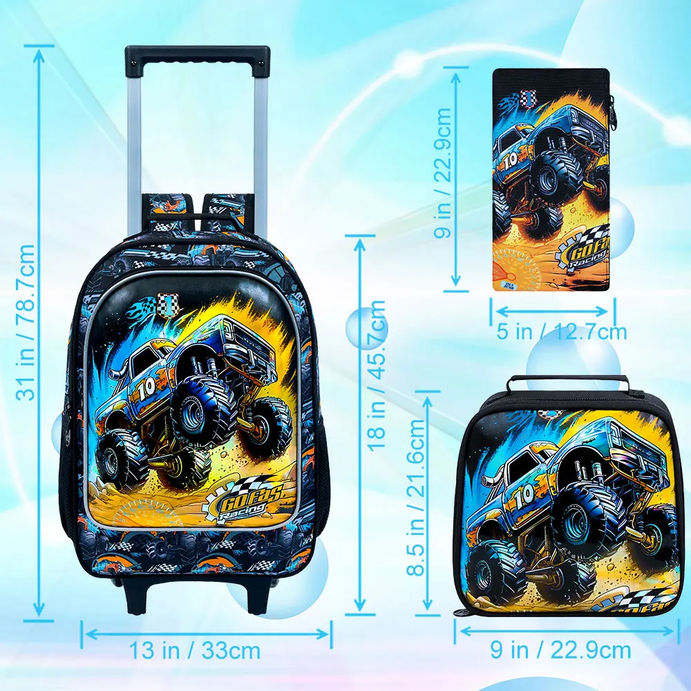 3PCS Rolling Backpack for boys, Kids Roller Wheels Bookbag, Wheeled Elementary School Bag with Lunch Bag -