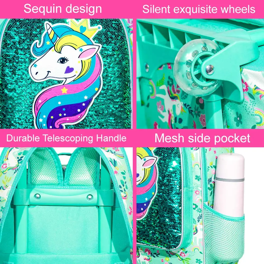 3PCS Rolling Backpack for Girls Boys, Kids Roller Wheels Bookbag, Wheeled School Bag with Lunch Bag