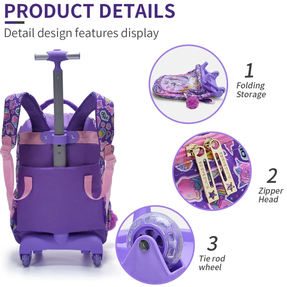 3PCS Set Rolling Backpack For Girls, Cute Cartoon Moon Unicorn Sequin Design Wheeled Bags With Lunch Box And Pen Bag-Purple