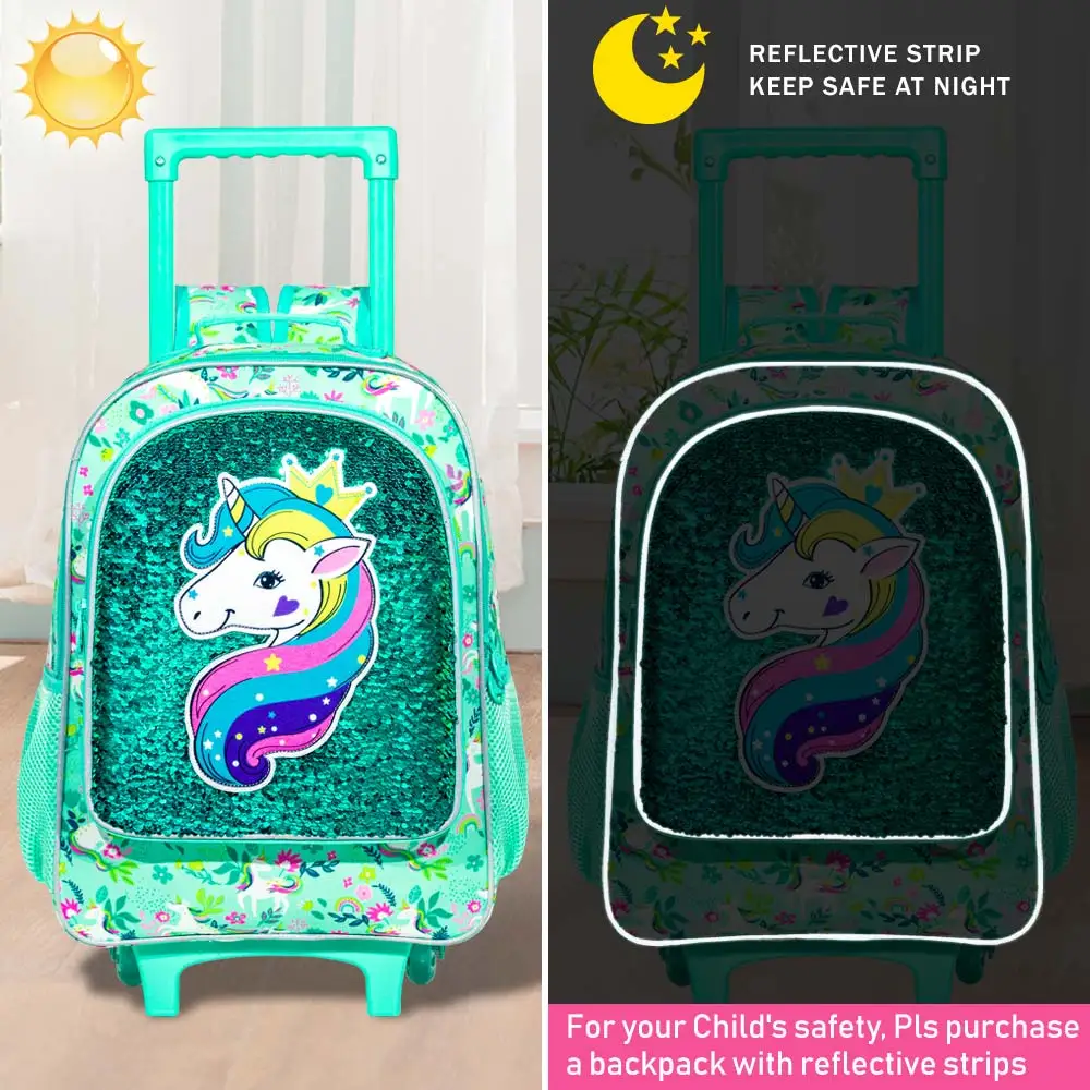 3PCS Rolling Backpack for Girls Boys, Kids Roller Wheels Bookbag, Wheeled School Bag with Lunch Bag