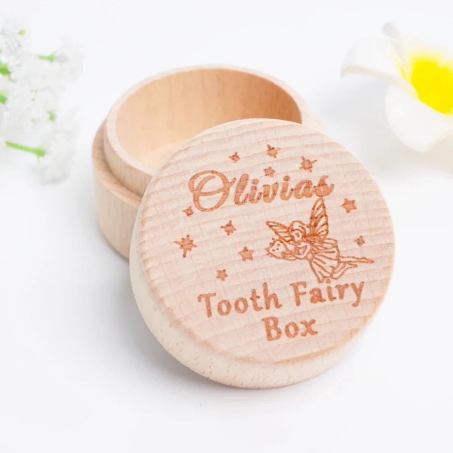 Personalized Baby Tooth Keepsake Box Wooden Tooth Fairy Box First Teeth Fairy Holder Storage for Boys and Girls Christening Gift