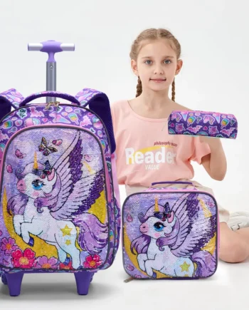 3PCS Set Rolling Backpack For Girls, Cute Cartoon Moon Unicorn Sequin Design Wheeled Bags With Lunch Box And Pen Bag-Purple