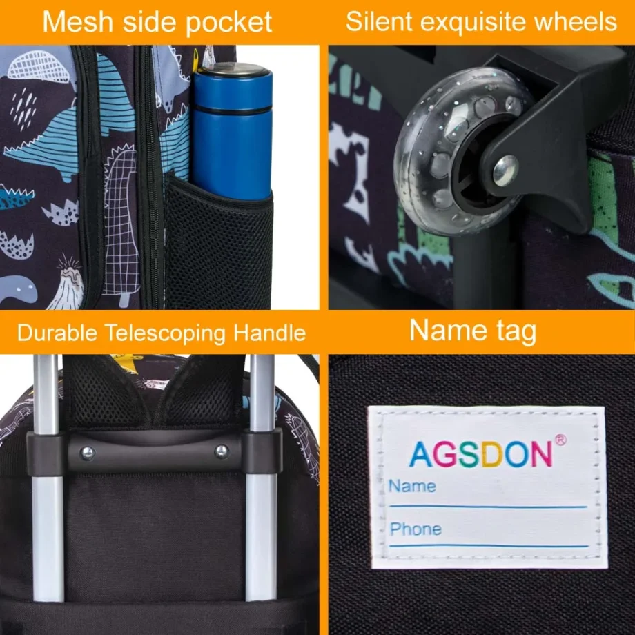 3PCS Kids Rolling Backpack, Boys Roller Wheels Bookbag, Wheeled School Bag with Lunch Bag - Dinosaur
