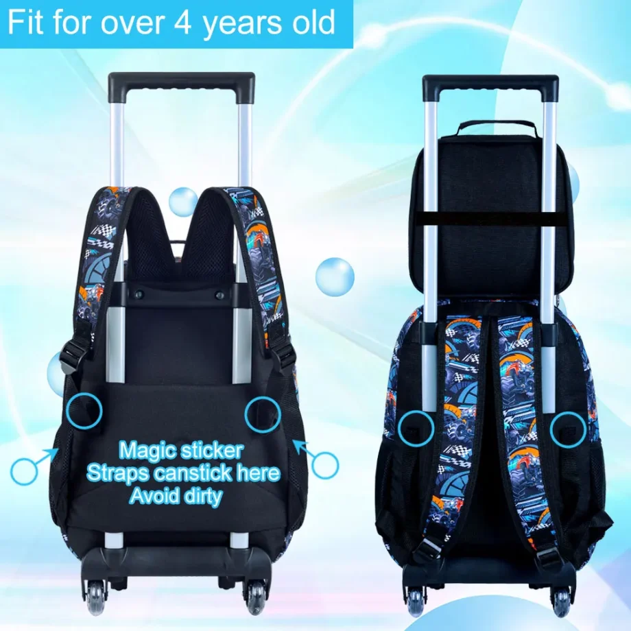 3PCS Rolling Backpack for boys, Kids Roller Wheels Bookbag, Wheeled Elementary School Bag with Lunch Bag -