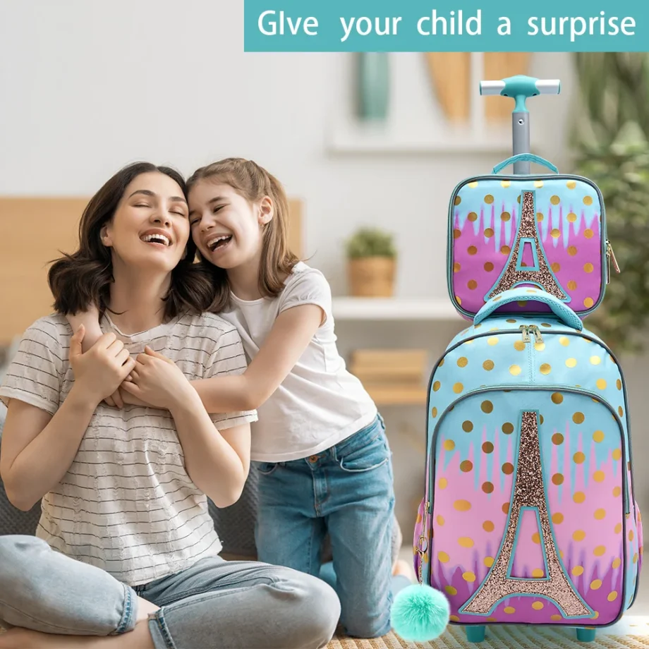 3PCS Rolling Backpack for Girls Kids Wheeled School BookBag With Lunch And Pen Bag Iron tower Pink Glow-in-the-dark Function