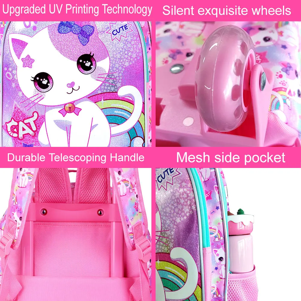 3PCS Kids Rolling Backpack, Girls Roller Wheels Bookbag, Wheeled Elementary School Bag with Lunch Bag - White Cat