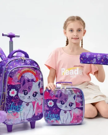 3PCS set Rolling Backpack For Girls, Cute Cartoon Cat Sequin Wheeled Bookbag For Elementary Students, With Lunch Box And Pen Bag