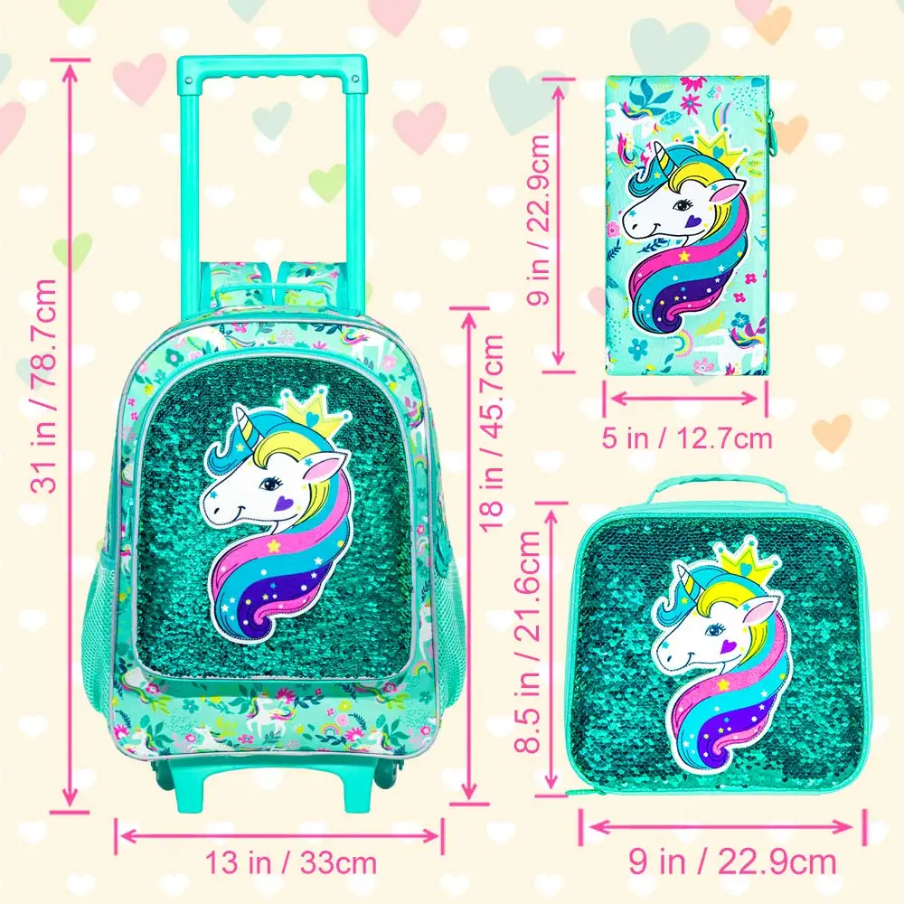 3PCS Rolling Backpack for Girls Boys, Kids Roller Wheels Bookbag, Wheeled School Bag with Lunch Bag
