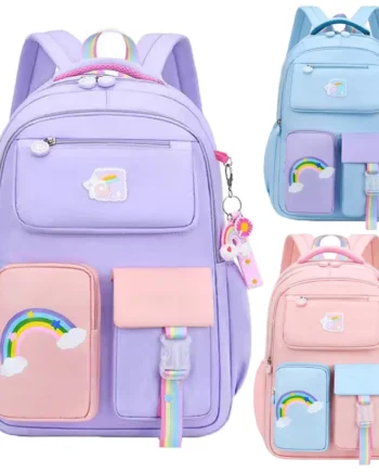 Primary High Class Backpack for Girls Macaron Color Blocking Kid Backpack Rainbow Zipper Large Capacity Teen Girl School Bag