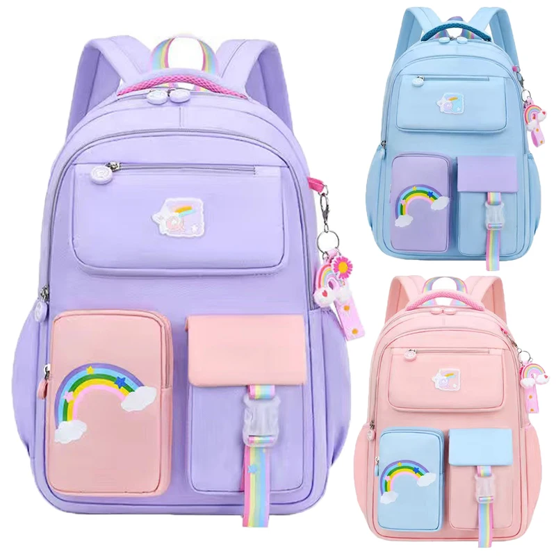 Primary High Class Backpack for Girls Macaron Color Blocking Kid Backpack Rainbow Zipper Large Capacity Teen Girl School Bag