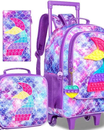 Rolling Backpack for Girls and Boys,Kids Unicorn Dinosaur Bookbag with Roller Wheels, Suitcase School Bag Set