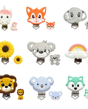 2pcs Silicone Cartoon Animal Teething Toy Fox Panda Elephant Food-Grade Silicone Nipple Necklace Clip Baby Toy Gift