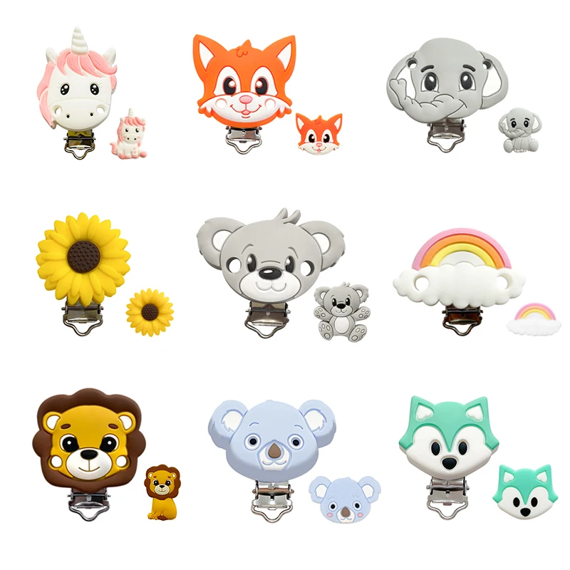 2pcs Silicone Cartoon Animal Teething Toy Fox Panda Elephant Food-Grade Silicone Nipple Necklace Clip Baby Toy Gift
