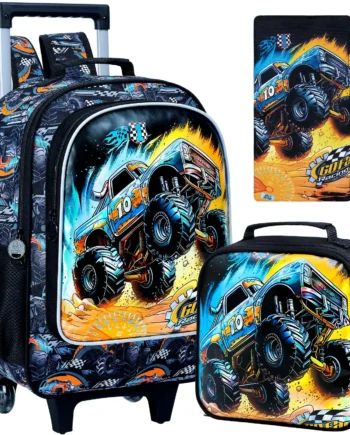 3PCS Rolling Backpack for boys, Kids Roller Wheels Bookbag, Wheeled Elementary School Bag with Lunch Bag -