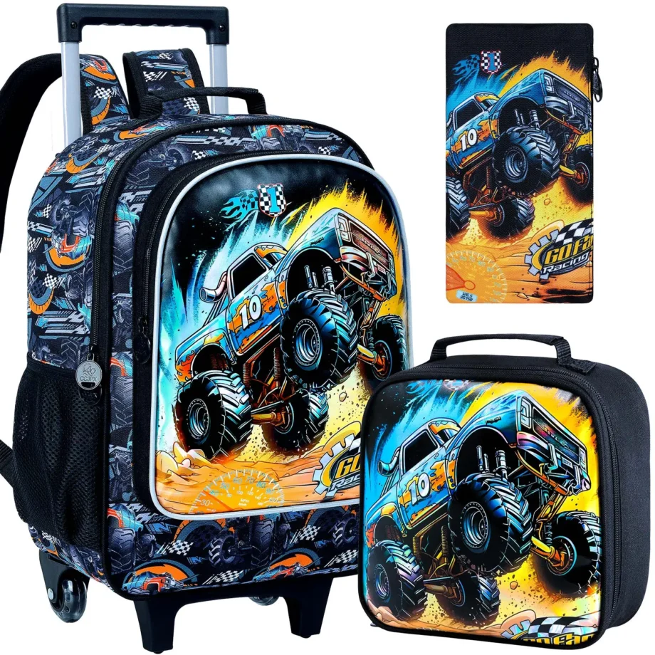 3PCS Rolling Backpack for boys, Kids Roller Wheels Bookbag, Wheeled Elementary School Bag with Lunch Bag -