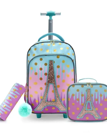 3PCS Rolling Backpack for Girls Kids Wheeled School BookBag With Lunch And Pen Bag Iron tower Pink Glow-in-the-dark Function