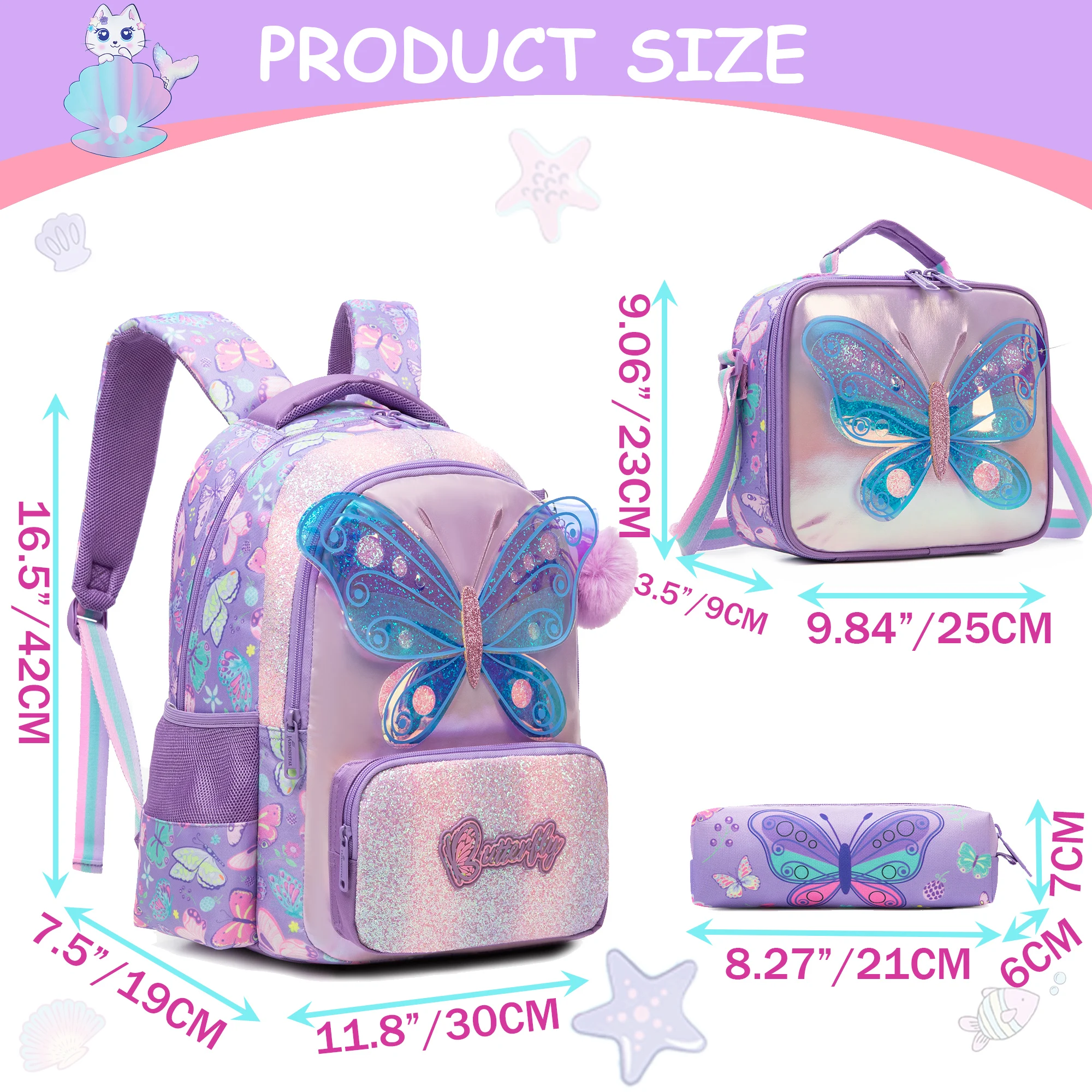 kids backpacks with Lunch Bag for girls 3pcs girls bookbag and Lunch Box Set for Elementary Middle School