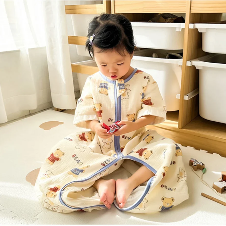 Baby Sleeping Bag Removable Sleeves Thin Breathable Gauze Cotton 3-Ways Zipper Design For Children'S Sleeping Bags 0-24 Months