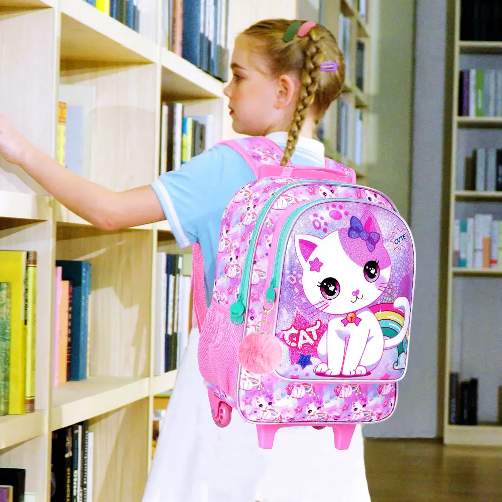 3PCS Kids Rolling Backpack, Girls Roller Wheels Bookbag, Wheeled Elementary School Bag with Lunch Bag - White Cat