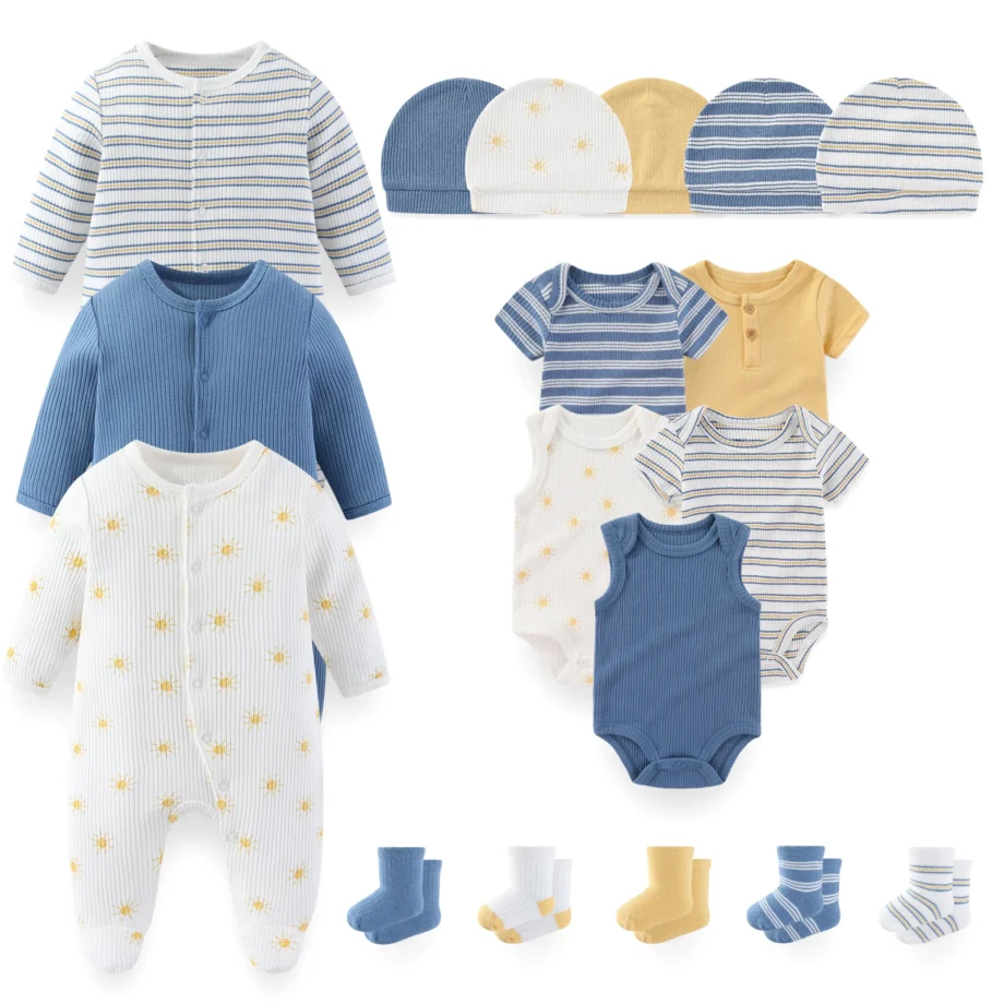 18-Piece Cute Baby Clothing Set 0-12 Months Newborn Bodysuits+Rompers+Hats+Socks Suit Four Seasons Infant Boy Girl Outfits