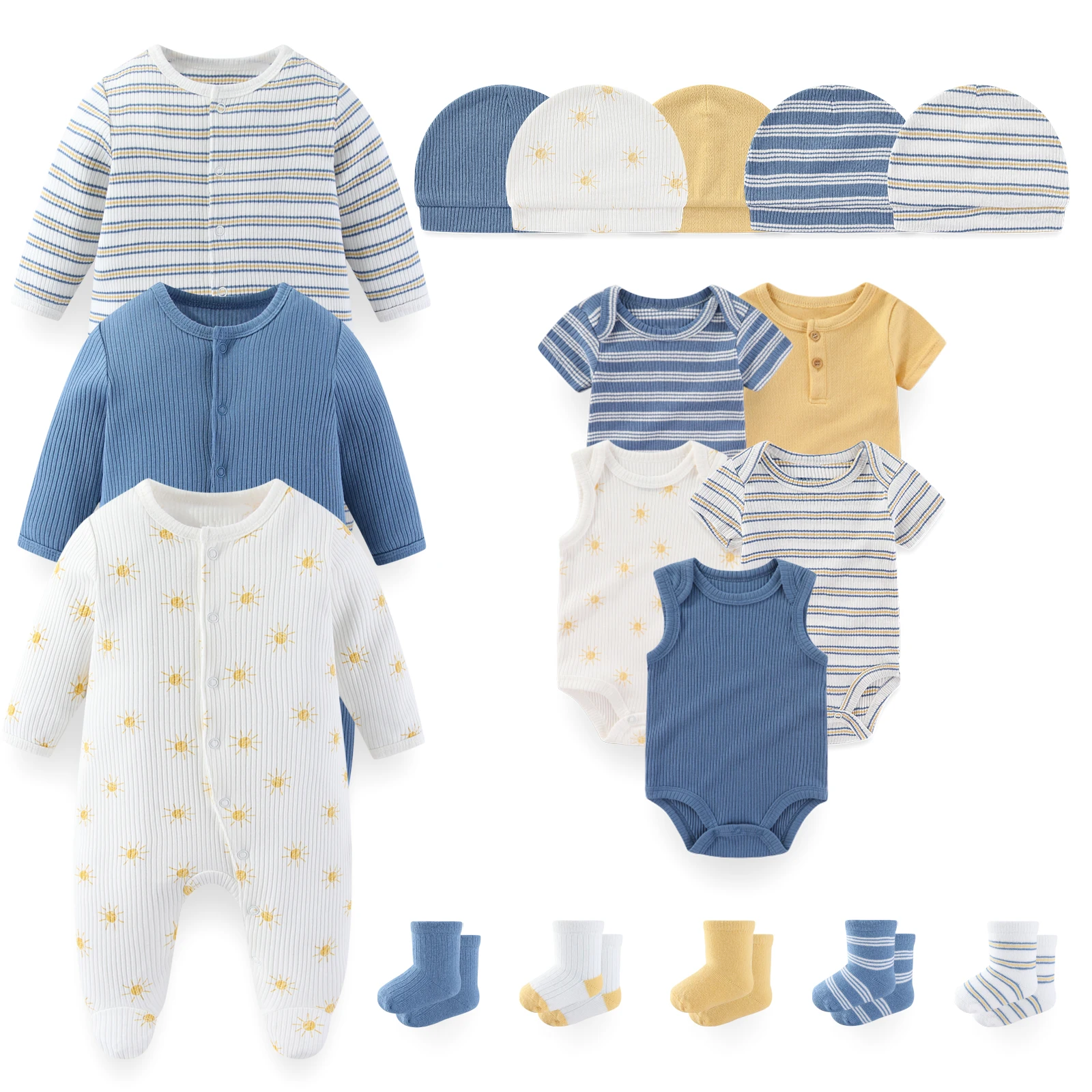 18-Piece Cute Baby Clothing Set 0-12 Months Newborn Bodysuits+Rompers+Hats+Socks Suit Four Seasons Infant Boy Girl Outfits